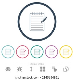 Spiral notepad with pencil flat color icons in round outlines. 6 bonus icons included.