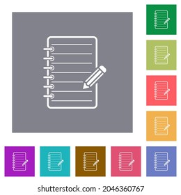 Spiral notepad with pencil flat icons on simple color square backgrounds