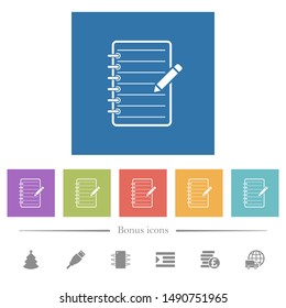 Spiral notepad with pencil flat white icons in square backgrounds. 6 bonus icons included.
