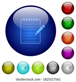 Spiral notepad with pencil icons on round glass buttons in multiple colors. Arranged layer structure