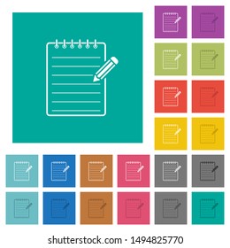 Spiral notepad with pencil multi colored flat icons on plain square backgrounds. Included white and darker icon variations for hover or active effects.