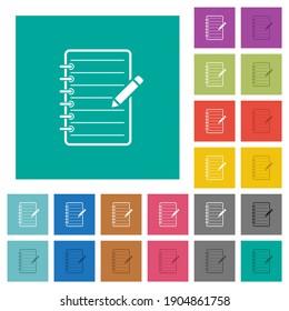 Spiral notepad with pencil multi colored flat icons on plain square backgrounds. Included white and darker icon variations for hover or active effects.