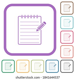 Nota espiral con iconos simples de lápiz en marcos cuadrados redondeados de color sobre fondo blanco