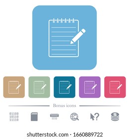 Spiral notepad with pencil white flat icons on color rounded square backgrounds. 6 bonus icons included