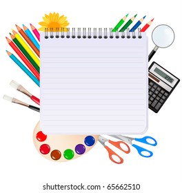 Spiral notepad with school supplies. Vector.