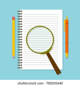 Spiral opened notepad with loupe, pencil and pen. Top view. Vector illustration
