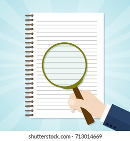 Spiral opened notepad with loupe. Top view. Vector illustration