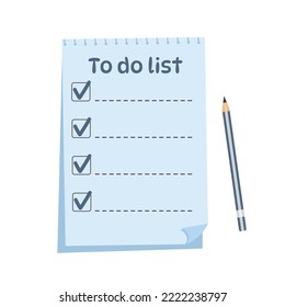 Spiral paper sheet with checkmarks to do list and a pencil. Planning, office, business, organization of work concept. Template for agenda, schedule, planners, checklists, notebooks, cards