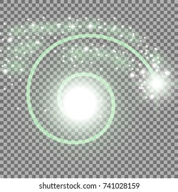 Spiral with particle dust and sparks on transparent background, green color
