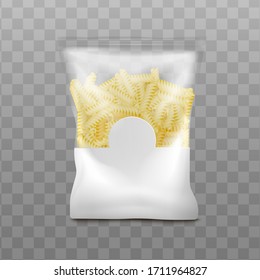 Spiral pasta or macaroni package with white blank label, realistic vector mockup illustration isolated on transparent background. Packaging template for branding.