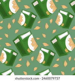 Spiral paste pattern in a cardboard box designed for storage. For culinary topics, food marketing. Flat vector illustration, seamless texture for product packaging. The paste is scattered on the green