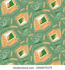 A spiral paste pattern in a transparent bag designed for storage. For culinary topics, food marketing. Flat vector illustration, seamless texture for product packaging. The paste is scattered on the g