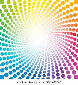 Spiral pattern - rainbow colored tunnel with light center - twisted circular background illustration, hypnotic and psychedelic.