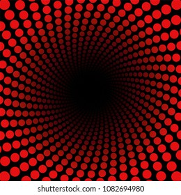 Spiral pattern with red dots, tunnel with black center - twisted circular fractal background illustration - powerful, dynamically, hypnotic, psychedelic.