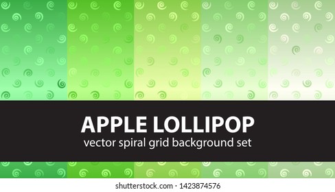 Spiral pattern set Apple Lollipop. Vector seamless backgrounds - green vortexes on gradient backdrops