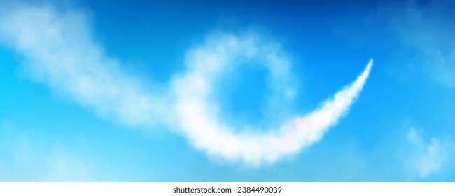 El avión espiral contrae en el cielo azul. Ilustración vectorial realista de la pista de condensación de la aeronave, traza de vuelo de cohetes curvados entre nubes blancas esponjosas, paisaje paradisíaco, fondo de la pancarta de viaje