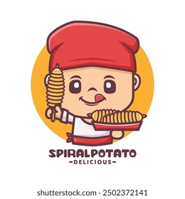 spiral potato cartoon mascot. suitable for culinary businesses. brand logo, sticker, cartoon identity, sticker, icon, etc.