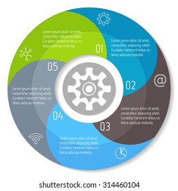 Spiral progress steps for tutorial. Round infographic banner with 5 options. Number banners template for diagram, presentation or chart. Business concept sequence banners. EPS10 workflow layout.