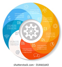 Spiral progress steps for tutorial. Round infographic banner with 8 options. Number banners template for diagram, presentation or chart. Business concept sequence banners. EPS10 workflow layout.