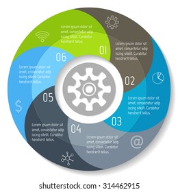Spiral progress steps for tutorial. Round infographic banner with 6 options. Number banners template for diagram, presentation or chart. Business concept sequence banners. EPS10 workflow layout.