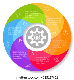 Spiral progress steps for tutorial. Round infographic banner with 6 options. Number banners template for diagram, presentation or chart. Business concept sequence banners. EPS10 workflow layout.