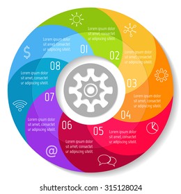 Spiral progress steps for tutorial. Round infographic banner with 8 options. Number banners template for diagram, presentation or chart. Business concept sequence banners. EPS10 workflow layout.