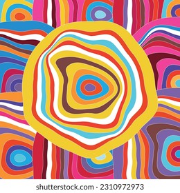 Spiral Psychedelic Design. Candy colors pink blue orange yellow groovy illusion background