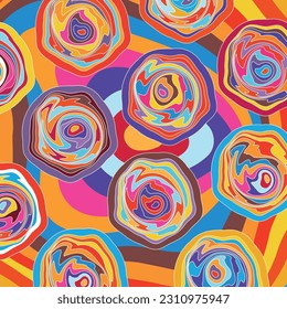 Spiral Psychedelic Design. Candy colors pink blue orange yellow groovy illusion background