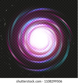 Spiral purple magic galaxy background. Bright swirl purple space on black background. Galaxy storm vector illustration. Universe object, abstract swirl infinity graphic.