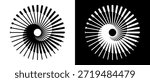 Spiral with radial bars forming a dynamic circular pattern. Optical illusion evokes motion, symmetry, and musical or geometric symbolism. Black and white themes.