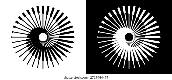 Espiral com barras radiais formando um padrão circular dinâmico. A ilusão óptica evoca movimento, simetria e simbolismo musical ou geométrico. Temas em preto e branco.