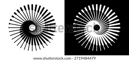 Spiral with radial bars forming a dynamic circular pattern. Optical illusion evokes motion, symmetry, and musical or geometric symbolism. Black and white themes.