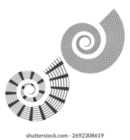 Padrão radial espiral. Segmentos circulares abstratos. Vetor de movimento óptico. Gráfico em branco preto. EPS 10.