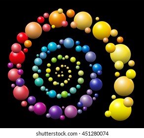 Spiral - rainbow gradient colored pattern out of three-dimensional balls on black background.