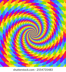 Spiral rainbow hypnotic swirl background, optical illusion of movement, vector illustration opt art style, colorful abstract geometric, multicolored psychedelic background