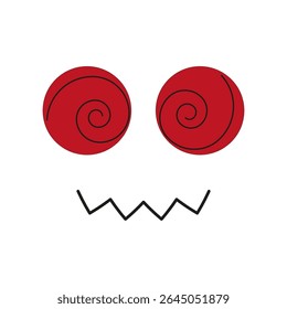 Spiral red eyes. Zigzag mouth shape. Vector cartoon face. Funny abstract figure.