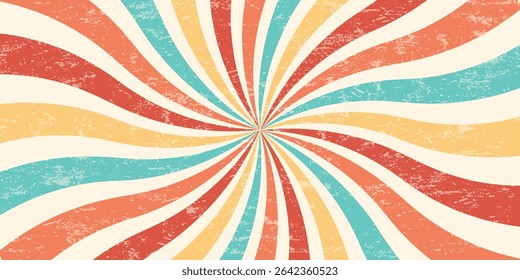 Fundo de padrão retro espiral. Redemoinho vetor groovy raios solares. Explosão radial psicodélica com textura grunge. Ilustração hipnótica da estrela dos anos 70. Vintage circular abstrato colorido bg
