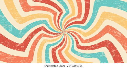 Spiral retro pattern background. Swirl groovy vector sun rays. Psychedelic radial burst with grunge texture. 70s starburst hypnotic illustration. Vintage circular abstract colorful bg