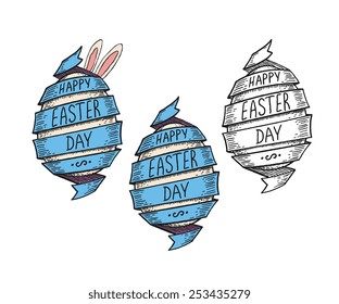 Spiral ribbon and Easter egg with rabbit ears, doodle hand drawn style, isolated vector illustration icon on white background set