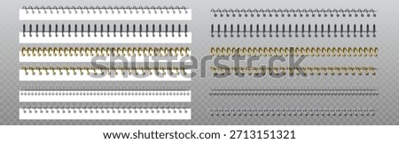 Spiral ring binder elements with metallic coils in silver and gold colors. Horizontal notebook binding shown on transparent background for stationery mockups or realistic document presentations.