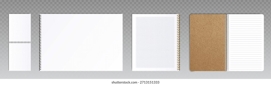 Cuadernos de encuadernación de anillos en espiral con páginas en blanco, cuadriculadas y forradas. Cuadernos de bocetos abiertos realistas unidos por bobinas de metal en plata o oro con opción de cubierta de cartón marrón kraft sobre fondo transparente.