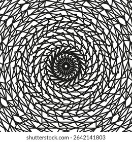 Spiral rotation figure. Geometric black lines. Circular layered structure. Vector twisted design.