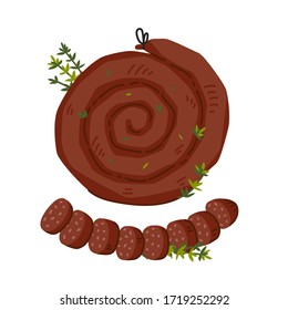 Spiral sausage. Meat delicatessen on white background. Slices of traditional snail sausage. Simple flat style vector illustration