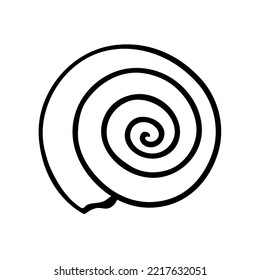 Spiral sea shell. Marine underwater twisted shell. Undersea mollusc nautilus. Decorative element. Mediterranean culture. Cartoon vector illustration black and white. Hand drawn outline sketch