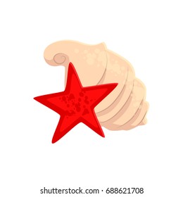 Spiral sea shell and star fish, cartoon vector illustration isolated on white background. Cartoon sea shell and red star fish, beach vacation souvenirs