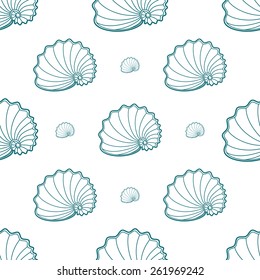 Spiral sea shells on white background. Seamless pattern.