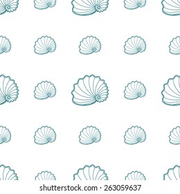 Spiral sea shells on white background. Seamless pattern. 