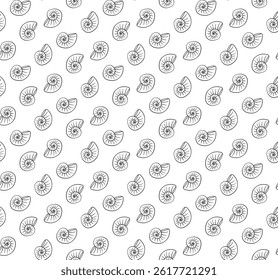 Spiral Sea shells vector seamless pattern. graphic line ink Summer beach hand-drawn doodle seaside print. Ocean fashion textile monochrome. Seashore elements design for fabrics, wallpaper
