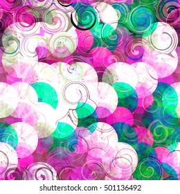 Spiral seamless background. Circles and wavy lines pattern. White, green, purple. 