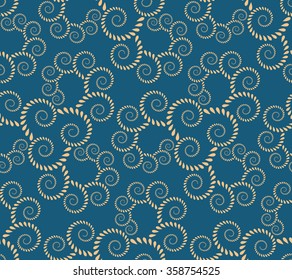 Spiral seamless lace pattern. Abstract twirl figures of laurel leaves texture. Blue, yellow contrast colored background. Vector 